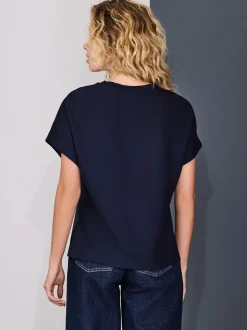 Marineblauw/ecru gestreept - Short Sleeve Keyhole Crew Neck Top