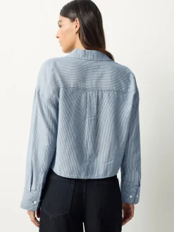 Marineblauwe/witte strepen - Casual Long Sleeve Cropped Shirt with Pocket Embroidery