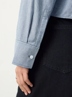 Marineblauwe/witte strepen - Casual Long Sleeve Cropped Shirt with Pocket Embroidery