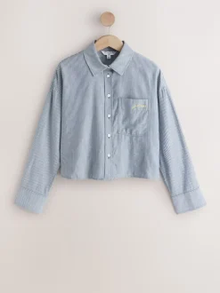 Marineblauwe/witte strepen - Casual Long Sleeve Cropped Shirt with Pocket Embroidery
