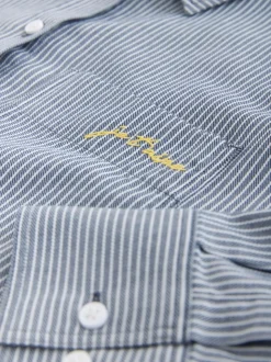 Marineblauwe/witte strepen - Casual Long Sleeve Cropped Shirt with Pocket Embroidery