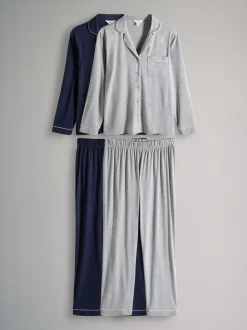 Marineblauw/grijs gemêleerd - The Set 2 Pack Polyester Viscose Blend Pyjama's met doorlopende knoopsluiting en bies