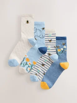 Marineblauw/okergeel met bij - Set van 4 paar enkelsokken