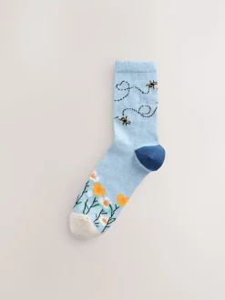 Marineblauw/okergeel met bij - Set van 4 paar enkelsokken