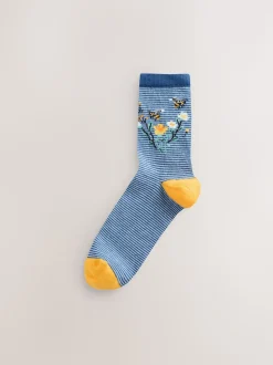 Marineblauw/okergeel met bij - Set van 4 paar enkelsokken