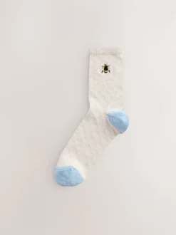 Marineblauw/okergeel met bij - Set van 4 paar enkelsokken