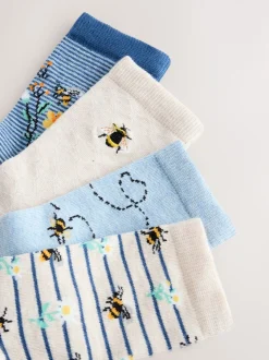 Marineblauw/okergeel met bij - Set van 4 paar enkelsokken