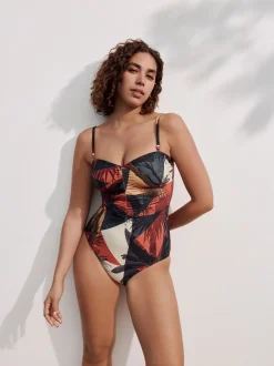 Marineblauw/oranje met palmprint - Vormgevend bandeaubadpak met buikcorrectie