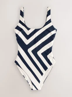 Marineblauw/roomkleurig chevron - Buikcorrigerend DD+ badpak met beugels en ronde hals