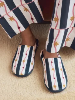 Marineblauw/wit - Stripe Plush Mule Slippers