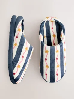 Marineblauw/wit - Stripe Plush Mule Slippers