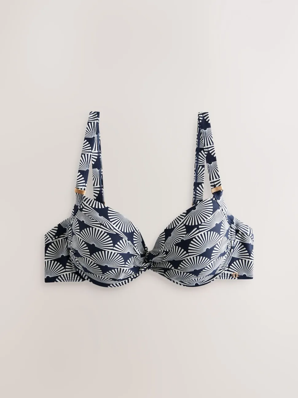Marineblauw/wit met waaierprint - Buikcorrigerende bikinitop met vulling en beugel