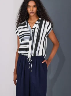 Marineblauw/zwart/wit - V-Neck Short Sleeved Tie Waist Top