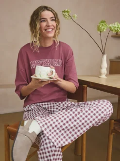 Mauve-paars geruit - Katoenen pyjama met korte mouw