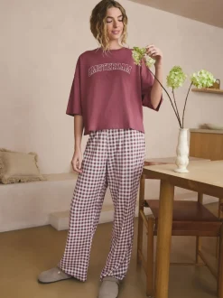Mauve-paars geruit - Katoenen pyjama met korte mouw