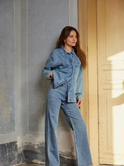 Medium blauw - ONLY - Jeans met hoge taille en wijde pijpen van 100% katoen