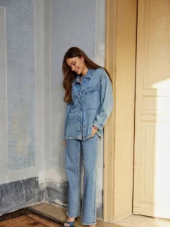 Medium blauw - ONLY - Jeans met hoge taille en wijde pijpen van 100% katoen