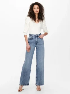 Medium blauw - ONLY - Jeans met hoge taille en wijde pijpen van 100% katoen