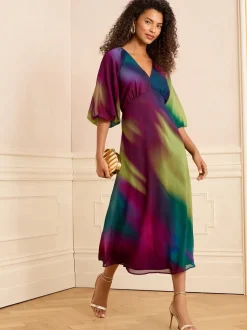 Meerkleurig ombré-effect - Love & Roses - Midi-jurk met print, V-hals en pofmouwen