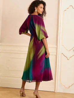 Meerkleurig ombré-effect - Love & Roses - Midi-jurk met print, V-hals en pofmouwen