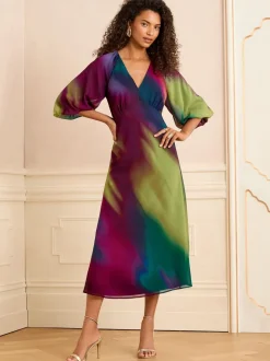 Meerkleurig ombré-effect - Love & Roses - Midi-jurk met print, V-hals en pofmouwen
