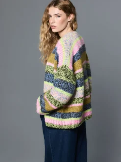 Meerkleurige blauw/groene streep - Zacht aanvoelend Grof gebreid vest