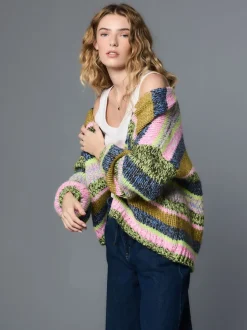 Meerkleurige blauw/groene streep - Zacht aanvoelend Grof gebreid vest