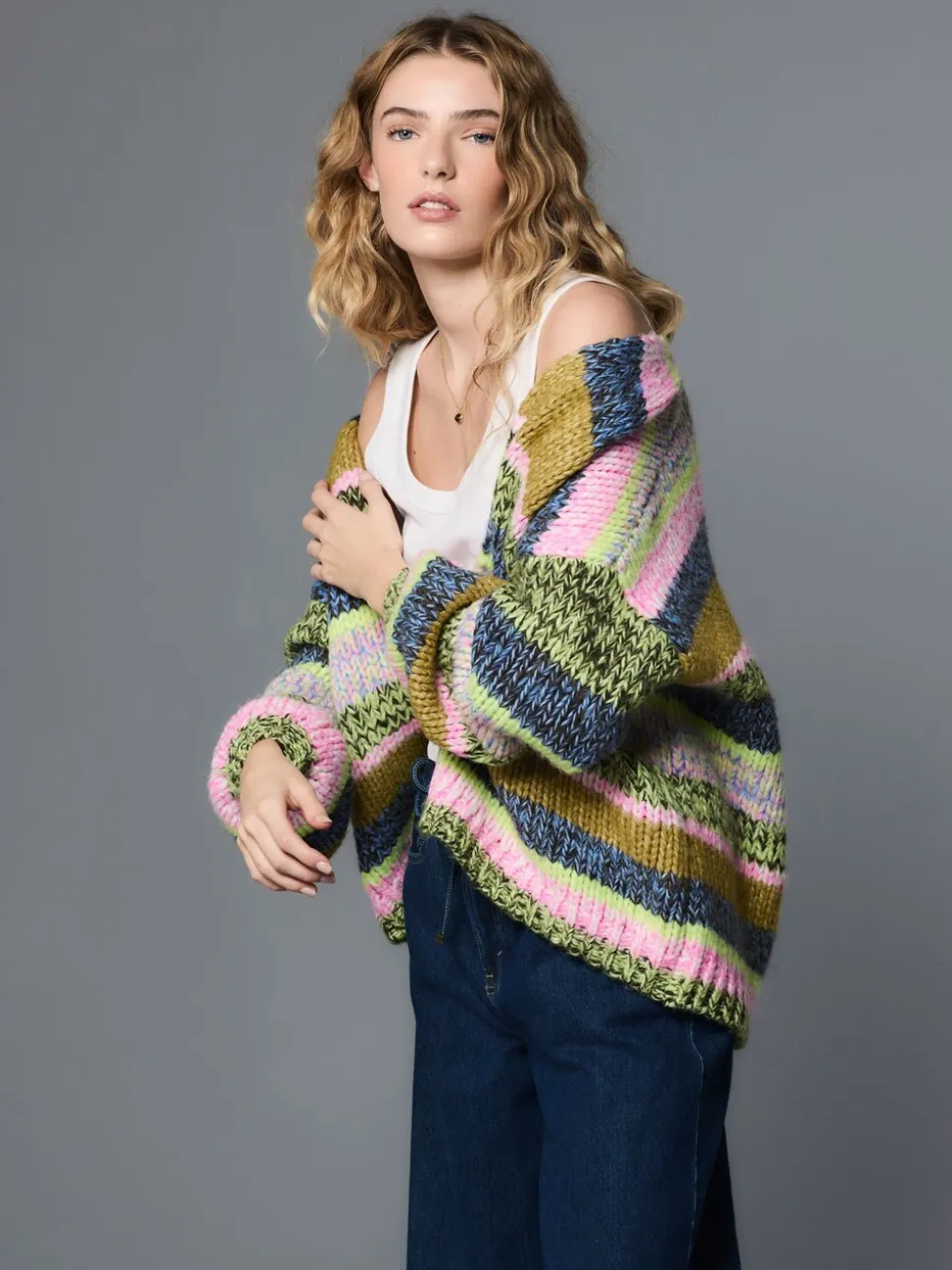 Meerkleurige blauw/groene streep - Zacht aanvoelend Grof gebreid vest