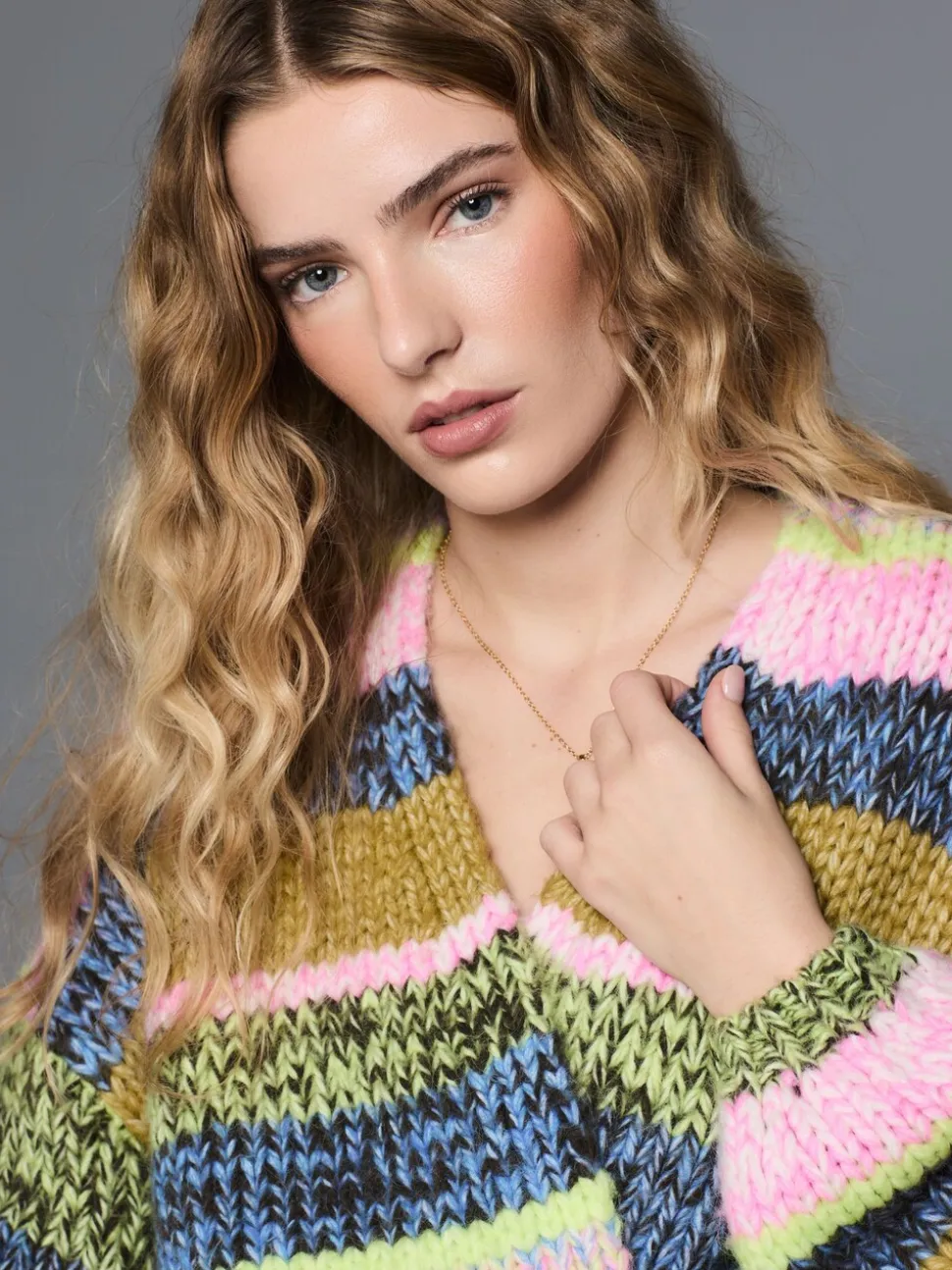 Meerkleurige blauw/groene streep - Zacht aanvoelend Grof gebreid vest