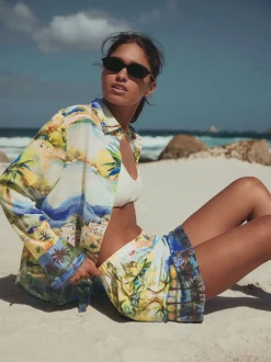 Meerkleurige schilderachtige print - Relaxed Long Sleeve Shirt With Linen