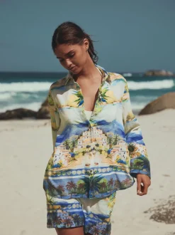 Meerkleurige schilderachtige print - Relaxed Long Sleeve Shirt With Linen