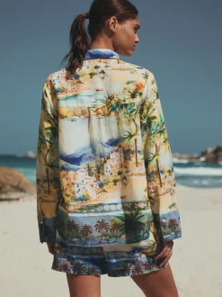 Meerkleurige schilderachtige print - Relaxed Long Sleeve Shirt With Linen