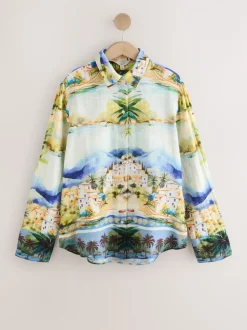 Meerkleurige schilderachtige print - Relaxed Long Sleeve Shirt With Linen