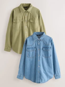 Mid Blue and Khaki Green - Oversized Denim Shirts 2 Pack