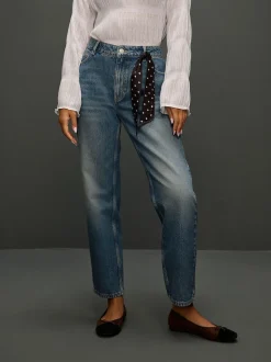 Mid Blue Polka Dot - Mid Rise Ankle Straight Leg Jeans With Scarf
