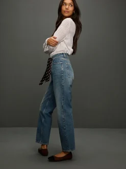 Mid Blue Polka Dot - Mid Rise Ankle Straight Leg Jeans With Scarf