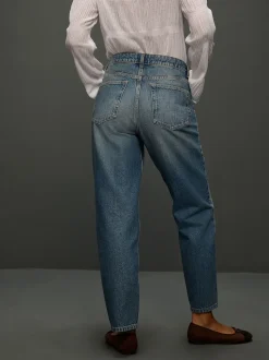 Mid Blue Polka Dot - Mid Rise Ankle Straight Leg Jeans With Scarf