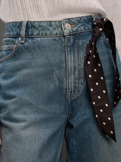 Mid Blue Polka Dot - Mid Rise Ankle Straight Leg Jeans With Scarf