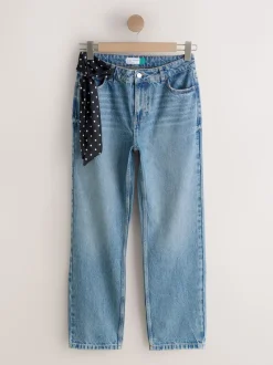 Mid Blue Polka Dot - Mid Rise Ankle Straight Leg Jeans With Scarf