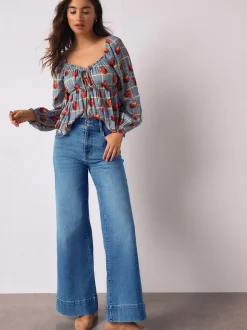 Middenblauw denim - High Rise stretchy Jeans met wijde pijpen