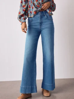 Middenblauw denim - High Rise stretchy Jeans met wijde pijpen