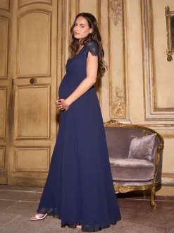 Midnight Blue - Seraphine Maternity Lace Sleeve Silk Premium Dress