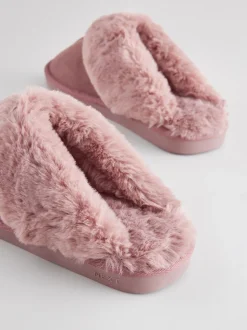 Mink roze - Met imitatiebont gevoerde suède pantoffelmuiltjes