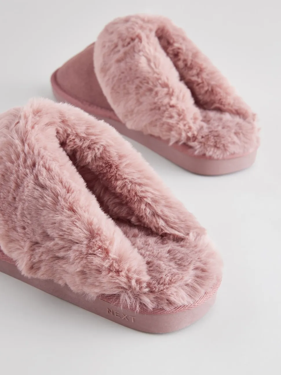 Mink roze - Met imitatiebont gevoerde suède pantoffelmuiltjes