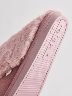 Mink roze - Met imitatiebont gevoerde suède pantoffelmuiltjes