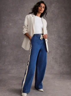 Mint Velvet Tie Waist Side Stripe Wide 100% Cotton Jeans