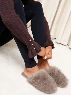 Mokka - Lipsy Faux Fur Ultra Fluffy Close Toe Mule Nightwear Slippers