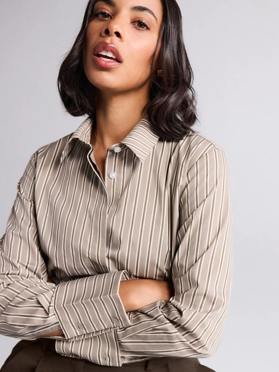 Mokkabruin gestreept - Fitted Stretch Essential Long Sleeve Shirt