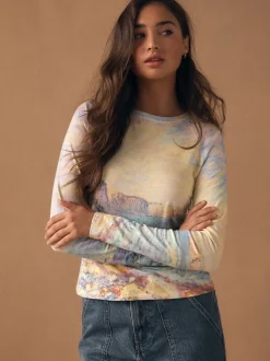 Monet Graphic License - Long Sleeve Washed Effect Raw Seam T-Shirt