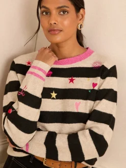 Mono Stripe Embroidered - Love & Roses Stripe Embroidered Jumper